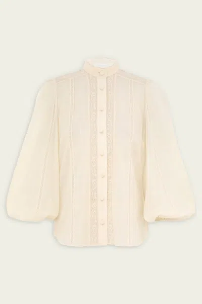 Zimmermann Halliday Lace Trim Shirt In Cream In Gray