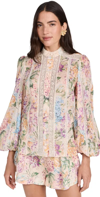 Zimmermann Halliday Lace Trim Shirt Multi Watercolor Floral In Multicolor