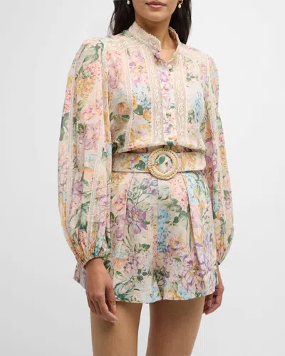 Zimmermann Halliday Lace Trim Shirt In Multi Watercolour Floral