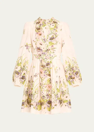 Zimmermann Halliday Plunge Mini Dress In Cream Multi Flora