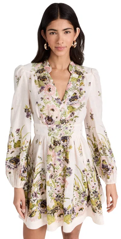 Zimmermann Halliday Plunge Linen Mini Dress In Multi
