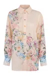 Zimmermann Beige Lightweight Floral Print Semi-transparent Ramie Shirt In Multi