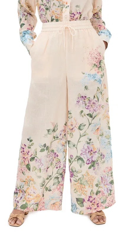 Zimmermann Halliday 花卉印花帕拉松长裤 In Cream Watercolour Floral