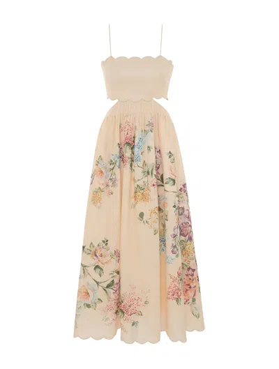 Zimmermann Halliday Scallop Midi Dress In Cwfl Cream Watercolour Floral