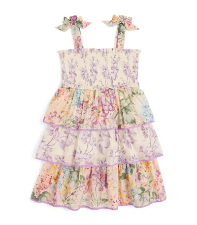 Zimmermann Kids' Halliday Floral Shirred Cotton Dress In Multicolour