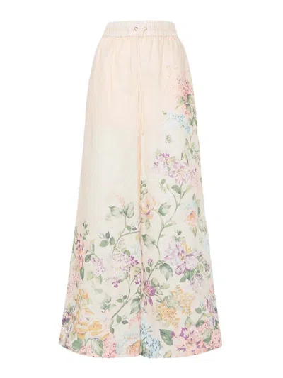 Zimmermann Floral Print Linen Trousers In Crema