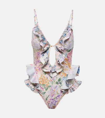 Zimmermann Halliday Waterfall Frill Ruffled Floral Swimsuit In Spliced