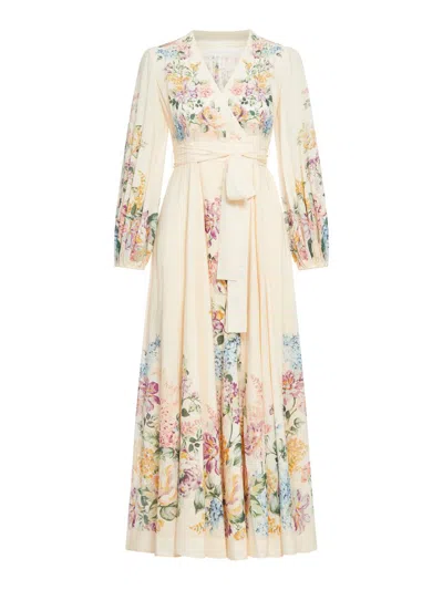 Zimmermann Halliday Wrap Midi Dress In Cwfl Cream Watercolour Floral