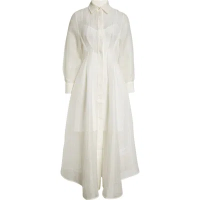 Zimmermann Harmony Draped Long Sleeve Organza Shirtdress In Ivory