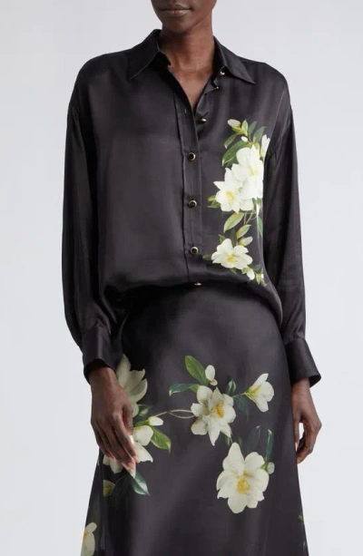 Zimmermann Harmony Floral Print Silk Button-up Shirt In Black