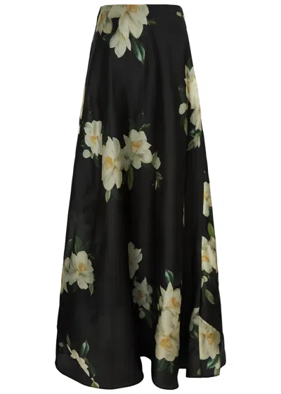Zimmermann Harmony Floral-print Silk-organza Maxi Skirt In Black