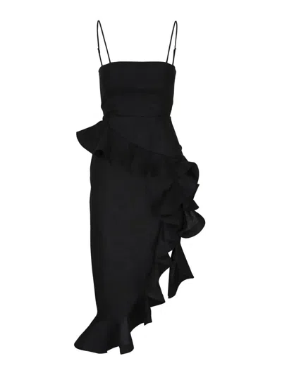 Zimmermann Asymmetric Ruffled Linen Midi Dress In Black