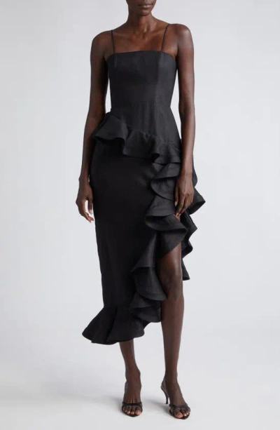 Zimmermann Asymmetric Ruffled Linen Midi Dress In Black