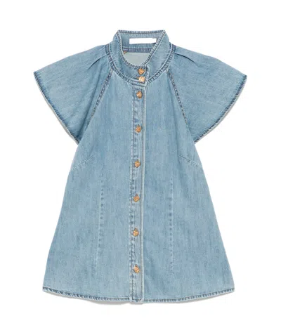 Zimmermann Crush Flutter Sleeve Denim Shirt In Blue
