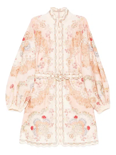 Zimmermann High Stand Collar Dress With Functional Buttons And Removable Belt - Size 0 In Neutral
