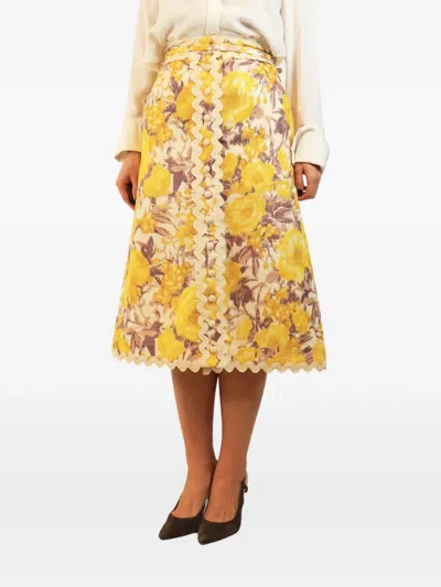 Pre-owned Zimmermann High Tide Floral-print Midi Skirt In Yellow
