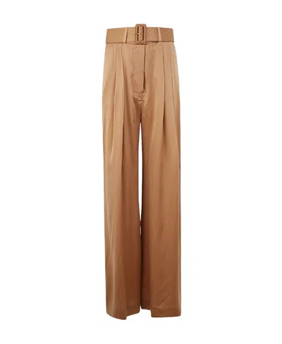 Zimmermann Belted Pleated Silk-satin Wide-leg Pants In Sand