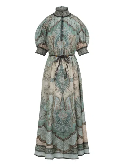 Zimmermann High-neck Paisley Silk Dress In Green
