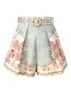 Zimmermann Daylight Multicolor Shorts With Belt On The Front And All-over Floral Motif In Linen Woman In Multi