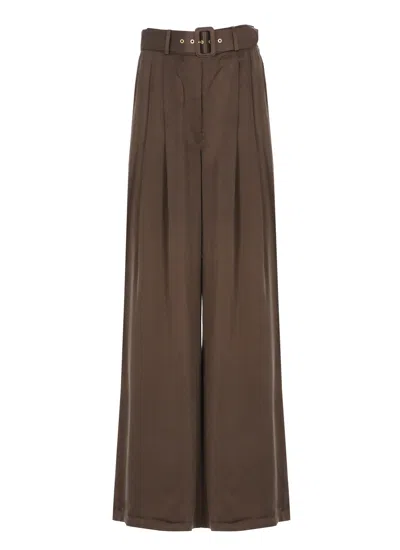 Zimmermann High-waist Brown Silk Trousers With Pleated Front In Gray