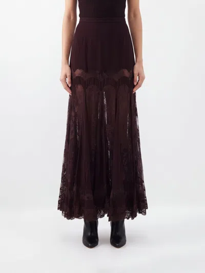 Zimmermann High-waisted Silk Crêpe Long Skirt With Lace Inserts In Burgundy