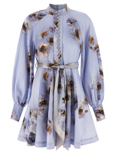Zimmermann Lilac Poppy Print Linen Hypnotic Mini Dress In Multi