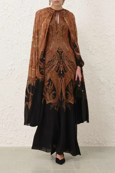 ZIMMERMANN HYPNOTIC CAPED MAXI DRESS IN BLACK PAISLEY