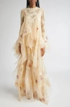 Zimmermann Hypnotic Cascading Semisheer Long Sleeve Lace Silk Gown In Neutral