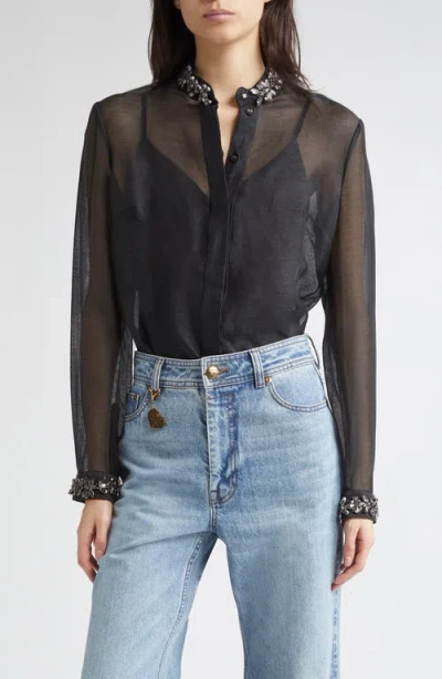 Zimmermann Hypnotic Crystal Embellished Sheer Linen & Silk Button-up Shirt In Black