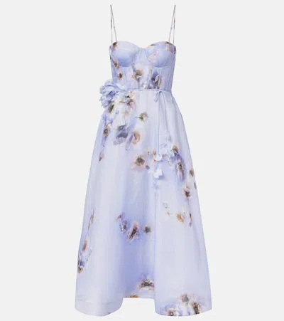 Zimmermann Hypnotic Floral Linen And Silk Bustier Dress In Purple