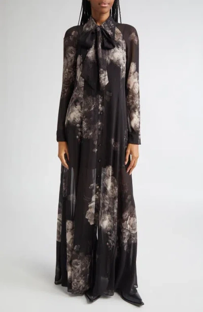 Zimmermann Hypnotic Floral Print Long Sleeve Georgette Shirtdress In Black