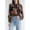 Zimmermann Hypnotic Floral Print Ruffle Georgette Top In Black