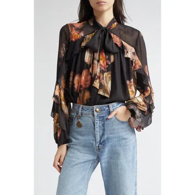 Zimmermann Hypnotic Floral Print Ruffle Georgette Top In Black