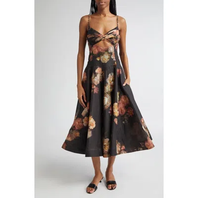 Zimmermann Hypnotic Floral Twist Front Cutout Organza Midi Dress In Black
