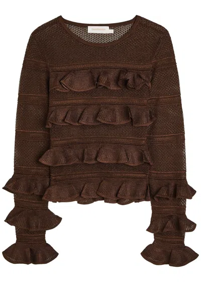 Zimmermann Hypnotic Lace Frill Metallic-knit Top In Brown