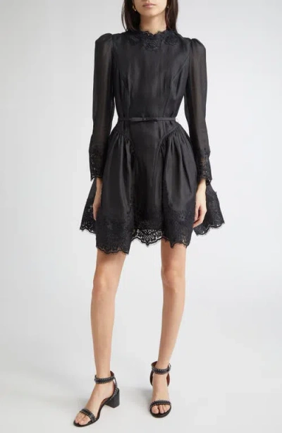 Zimmermann Hypnotic Lace Trim Long Sleeve Belted Linen & Silk Minidress In Black