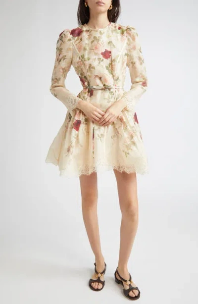 Zimmermann Hypnotic Lace Trim Long Sleeve Belted Linen & Silk Minidress In Neutral