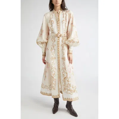 Zimmermann Hypnotic Long Sleeve Belted Linen Maxi Dress In Multi