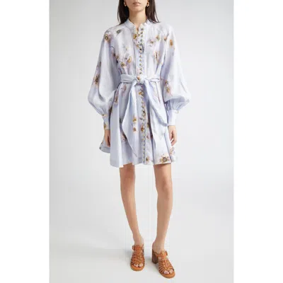 Zimmermann Hypnotic Long Sleeve Belted Linen Minidress In Multi