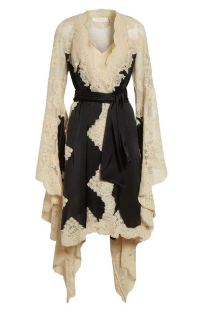 Zimmermann Hypnotic Long Sleeve Satin & Lace Wrap Dress In Multi