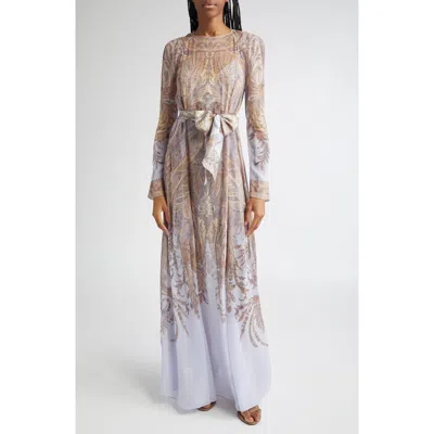 Zimmermann Hypnotic Paisley Long Sleeve Belted Maxi Dress In Gray
