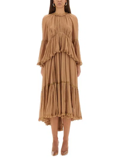 Zimmermann Hypnotic Lace-trimmed Tiered Crepe De Chine Midi Dress In Neutral