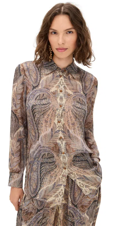Zimmermann Hypnotic Satin Shirt Denim Paisley In Multi