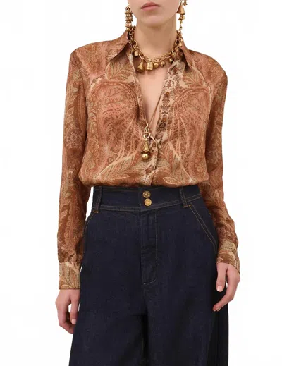 Zimmermann Hypnotic Satin Shirt In Cream Paisley In Brown