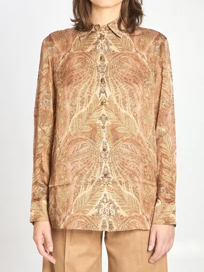 Zimmermann Satin Hypnotic Printed Silk Shirt In Brown