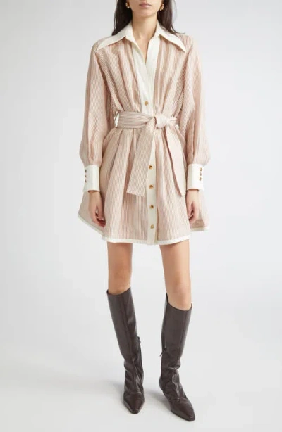 Zimmermann Hypnotic Stripe Long Sleeve Belted Cotton & Silk Minidress In Neutral