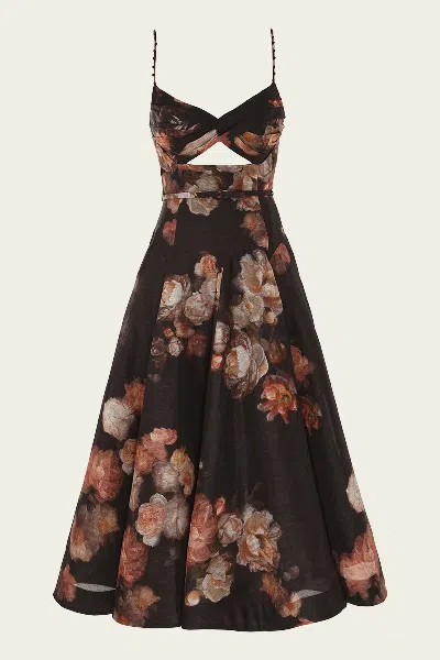 Zimmermann Hypnotic Twist Midi Dress In Russet Floral In Black