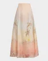 Zimmermann Illuminate Linen And Silk-blend Maxi Skirt In Guava Seascape