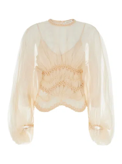 Zimmermann 'illuminate' Beige Crewneck Top With Elastic Hems And Semi Sheer Design In Silk Woman