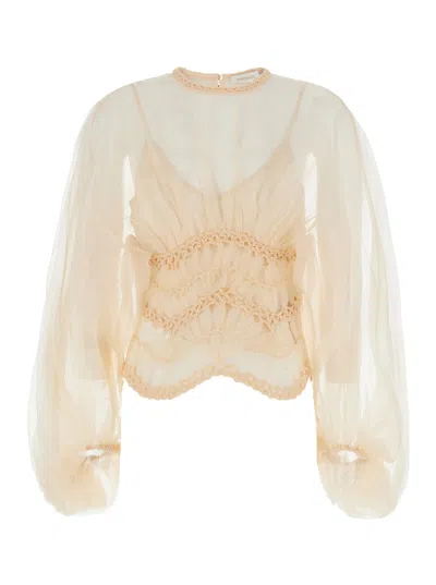 Zimmermann Illuminate Beige Crewneck Top With Elastic Hems And Semi Sheer Design In Silk Woman
